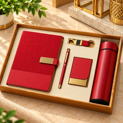 Premium red corporate gift hamper featuring a textured hardcover notebook with golden nameplate closure, matching insulated stainless steel bottle, metallic red pen, personalized visiting card holder and stylish red strap metal keychain, presented in an elegant wooden gift box with cream cushioning.