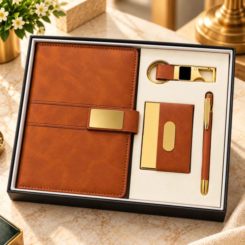 Premium tan brown personalized corporate gift set featuring a textured leatherette notebook with golden metal nameplate closure, matching brown and gold visiting card holder, elegant brown metallic pen with gold detailing and premium gold metal keychain with brown strap, arranged in a luxury black presentation box with ivory insert.