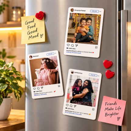 Set of three personalized Instagram-style photo fridge magnets featuring family, maternity and friendship pictures on a refrigerator.